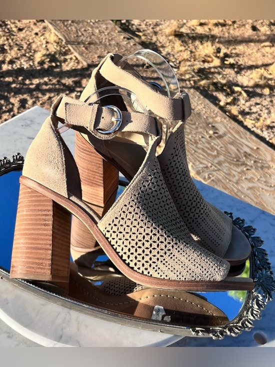 Marc Fisher Shoes - Marc Fisher Vixen Peep Toe City Sandal, 9.5, Tan Perforated Suede, 3.75” Heel